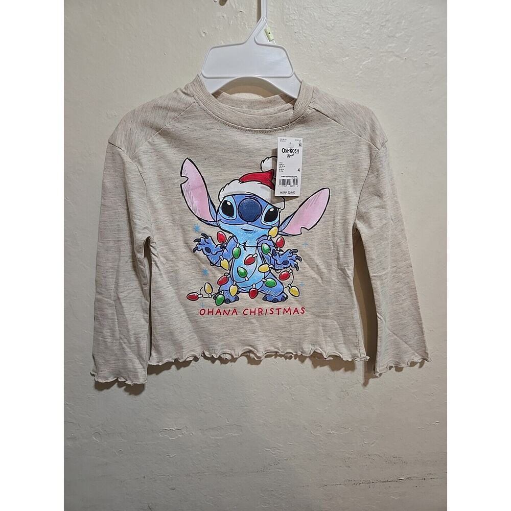 Disney Stitch Kids Girls Ohana Christmas Cute Santa Stitch Shirt Oatmeal Sz 4